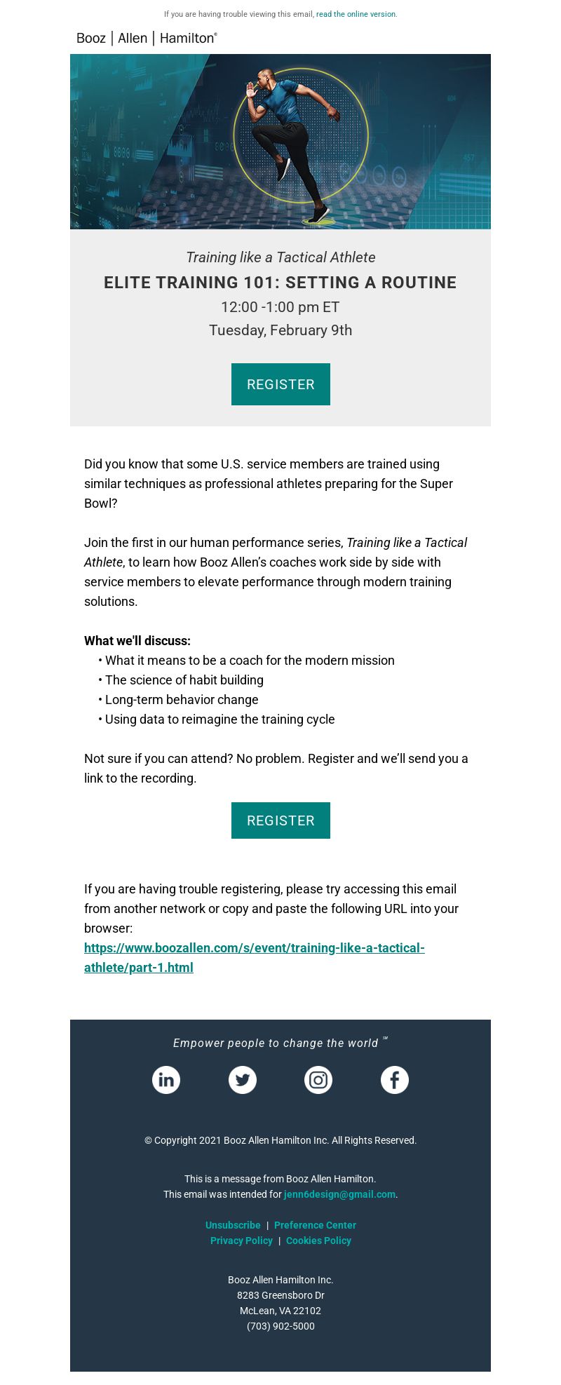 An email template featuring event details at the top of the email.